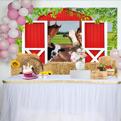 Lofaris Toile de fond pour anniversaire ferme avec animaux mignons et grange rouge, décor de fête pour enfants et studio photo
