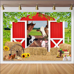 Lofaris Toile de fond pour anniversaire ferme avec animaux mignons et grange rouge, décor de fête pour enfants et studio photo