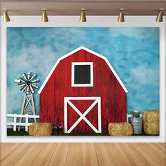 Lofaris Toile de fond de photographie ferme grange rouge et moulin a vent, décor rustique avec balles de foin pour studio photo