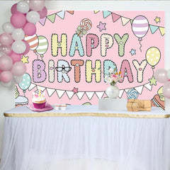 Lofaris Toile de fond rose joyeux anniversaire avec lettres moelleuses et macarons pour fille, décor de fête pastel avec ballons et étoiles