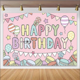 Lofaris Toile de fond rose joyeux anniversaire avec lettres moelleuses et macarons pour fille, décor de fête pastel avec ballons et étoiles