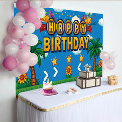 Lofaris Toile de fond anniversaire jeu vidéo pixelisé avec palmiers et étoiles, arrière-plan de fête rétro gaming pour studio photo