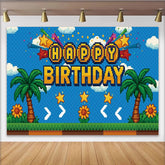 Lofaris Toile de fond anniversaire jeu vidéo pixelisé avec palmiers et étoiles, arrière-plan de fête rétro gaming pour studio photo