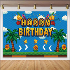 Lofaris Toile de fond anniversaire jeu vidéo pixelisé avec palmiers et étoiles, arrière-plan de fête rétro gaming pour studio photo
