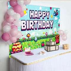 Lofaris Toile de fond joyeux anniversaire pixel art thème jeu vidéo pour enfants, arrière-plan de fête rétro pour studio photo