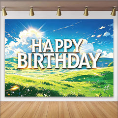 Lofaris Toile de fond joyeux anniversaire avec ciel bleu et paysage verdoyant, décor lumineux pour séance photo et célébration d'événement