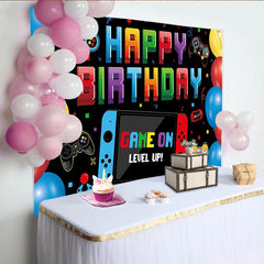 Lofaris Toile de fond anniversaire gaming pixel art avec manettes, arrière-plan de fête coloré pour studio photo et décoration