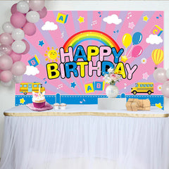 Lofaris Toile de fond joyeux anniversaire enfant arc-en-ciel, décor coloré avec ballons bus et étoiles pour fête d'enfants