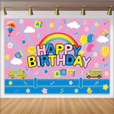 Lofaris Toile de fond joyeux anniversaire enfant arc-en-ciel, décor coloré avec ballons bus et étoiles pour fête d'enfants