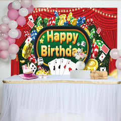 Lofaris Toile de fond anniversaire casino avec jetons, cartes à jouer et dés, de fête rouge avec lumières scintillantes pour studio photo