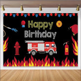 Lofaris Toile de fond joyeux anniversaire pompier avec camion et flammes, magnifique décor de fête pour enfants et studio photo