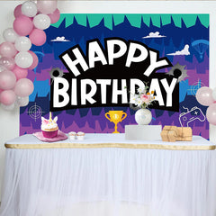 Lofaris Toile de fond joyeux anniversaire gaming avec manette et trophée, arrière-plan de fête pour enfants ou studio photo