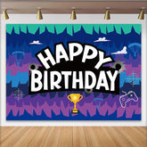 Lofaris Toile de fond joyeux anniversaire gaming avec manette et trophée, arrière-plan de fête pour enfants ou studio photo