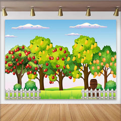 Lofaris Toile de fond de photographie verger avec arbres fruitiers et clôture blanche, arrière-plan de dessin animé pour enfants