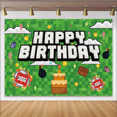 Lofaris Toile de fond d'anniversaire pixelisée avec gâteau et coffre au trésor, arrière-plan de fête pour enfants style jeu vidéo