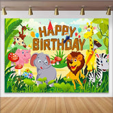 Lofaris Toile de fond joyeux anniversaire animaux de la jungle avec singe et éléphant, décor de fête tropicale pour enfants et studio photo