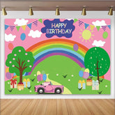 Lofaris Toile de fond anniversaire arc-en-ciel pour fille avec voiture rose et cadeaux, décor joyeux et coloré pour studio photo