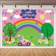 Lofaris Toile de fond anniversaire arc-en-ciel pour fille avec voiture rose et cadeaux, décor joyeux et coloré pour studio photo