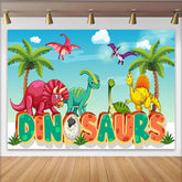 Lofaris Toile de fond pour anniversaire dinosaures dessin animé jungle préhistorique, décor coloré avec palmiers pour fête d'enfants
