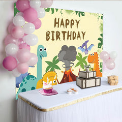 Lofaris Toile de fond joyeux anniversaire dinosaures pour enfants avec volcan et palmiers, magnifique décor de fête pour studio photo