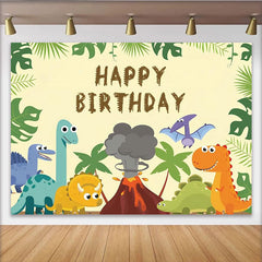 Lofaris Toile de fond joyeux anniversaire dinosaures pour enfants avec volcan et palmiers, magnifique décor de fête pour studio photo