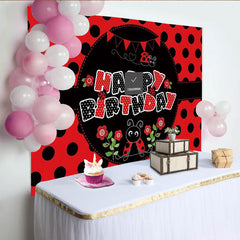 Lofaris Toile de fond joyeux anniversaire coccinelle rouge et noir à pois, arrière-plan de fête thématique pour studio photo et décoration