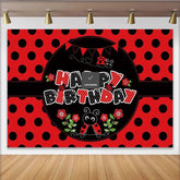 Lofaris Toile de fond joyeux anniversaire coccinelle rouge et noir à pois, arrière-plan de fête thématique pour studio photo et décoration