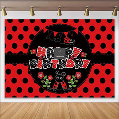 Lofaris Toile de fond joyeux anniversaire coccinelle rouge et noir à pois, arrière-plan de fête thématique pour studio photo et décoration