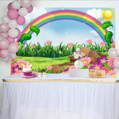 Lofaris Toile de fond de photographie paysage arc-en-ciel avec fleurs et herbe verte, décor printanier lumineux pour studio photo