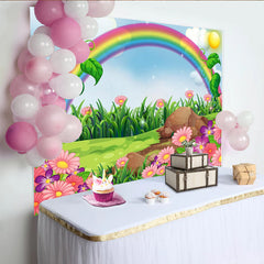 Lofaris Toile de fond de photographie paysage arc-en-ciel avec fleurs et herbe verte, décor printanier lumineux pour studio photo