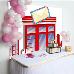 Lofaris Toile de fond de photographie thème poste avec cabine téléphonique rouge et boîte aux lettres, décor de studio photo dessin animé
