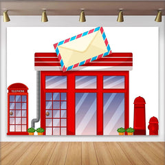 Lofaris Toile de fond de photographie thème poste avec cabine téléphonique rouge et boîte aux lettres, décor de studio photo dessin animé