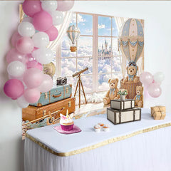 Lofaris Toile de fond pour baby shower montgolfière ours en peluche et nuages, arrière-plan de rêve pour studio photo ou fête prénatale