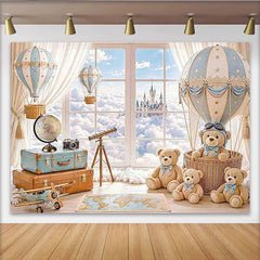 Lofaris Toile de fond pour baby shower montgolfière ours en peluche et nuages, arrière-plan de rêve pour studio photo ou fête prénatale
