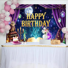 Lofaris Toile de fond pour anniversaire de sorcier avec chouette et lune, magnifique arrière-plan violet pour studio photo et fête d'enfants