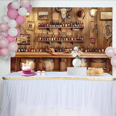 Lofaris Toile de fond de photographie western bar saloon avec crâne de taureau, ambiance vintage et tonneaux en bois pour studio photo