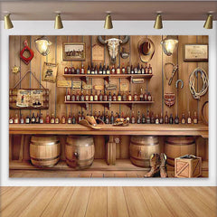 Lofaris Toile de fond de photographie western bar saloon avec crâne de taureau, ambiance vintage et tonneaux en bois pour studio photo