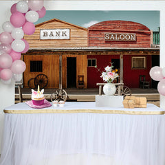 Lofaris Toile de fond de photographie western banque et saloon, décor rustique Far West avec roues de chariot pour studio photo