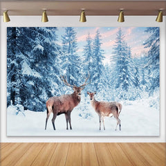 Lofaris Toile de fond de Noël forêt enneigée avec cerfs et sapins, magnifique arrière-plan pour photographie d'hiver et fêtes de fin d'année