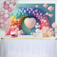 Lofaris Toile de fond pour anniversaire arche de ballons arc-en-ciel et cœur, magnifique décor pastel pour fête d'enfants