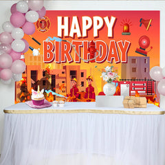 Lofaris Toile de fond pour anniversaire pompier avec camion de pompiers et flammes, décor de fête pour enfants et studio photo