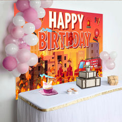 Lofaris Toile de fond pour anniversaire pompier avec camion de pompiers et flammes, décor de fête pour enfants et studio photo