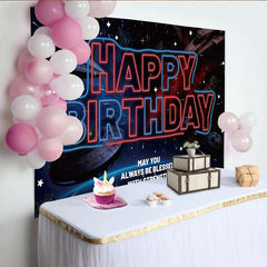 Lofaris Toile de fond joyeux anniversaire néon espace avec vaisseaux spatiaux et étoiles, magnifique décor de fête galactique pour studio photo