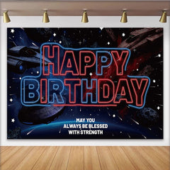 Lofaris Toile de fond joyeux anniversaire néon espace avec vaisseaux spatiaux et étoiles, magnifique décor de fête galactique pour studio photo