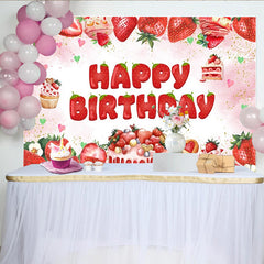 Lofaris Toile de fond pour anniversaire fraises et gourmandises, rose et joyeuse, magnifique décor de fête pour studio photo