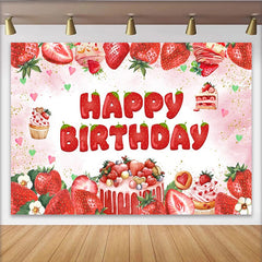 Lofaris Toile de fond pour anniversaire fraises et gourmandises, rose et joyeuse, magnifique décor de fête pour studio photo
