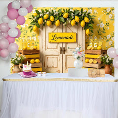 Lofaris Toile de fond de photographie stand de limonade jaune et floral, arrière-plan d'été rustique avec porte en bois pour studio