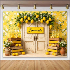 Lofaris Toile de fond de photographie stand de limonade jaune et floral, arrière-plan d'été rustique avec porte en bois pour studio