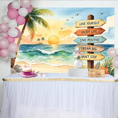 Lofaris Toile de fond de photographie plage tropicale coucher de soleil aquarelle, magnifique arrière-plan avec panneau inspirant pour studio