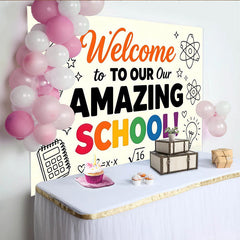 Lofaris Toile de fond bienvenue à l'école avec fournitures et science, arrière-plan éducatif coloré pour studio photo et événement